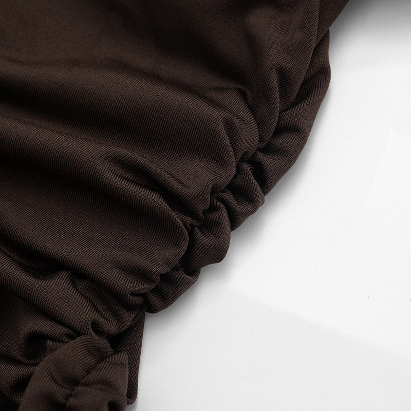 Ruched crewneck mesh solid top