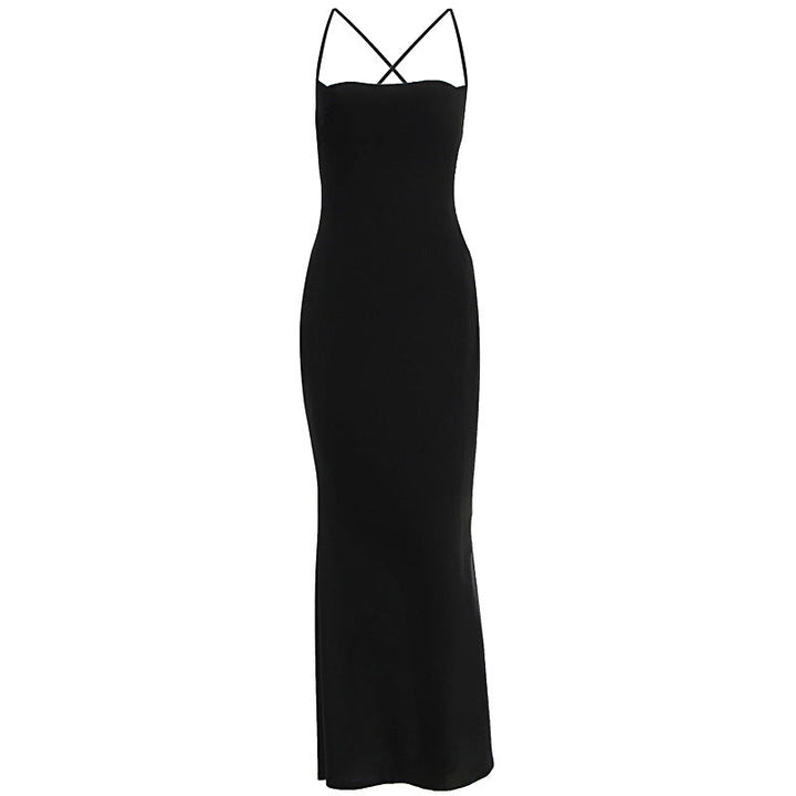Cross back self tie square neck backless maxi dress