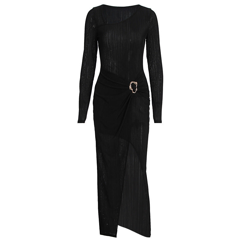Long sleeve slit ruched irregular midi dress