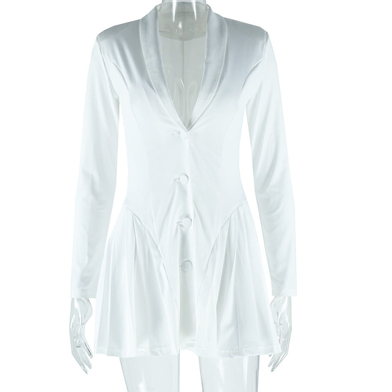 Long sleeve v neck pleated button padded mini dress