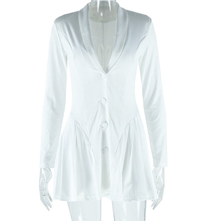 Long sleeve v neck pleated button padded mini dress