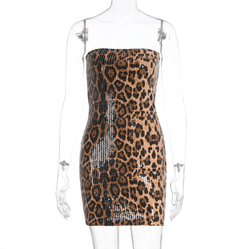Leopard print glitter backless tube mini dress  | Leopard Print Mini Dress