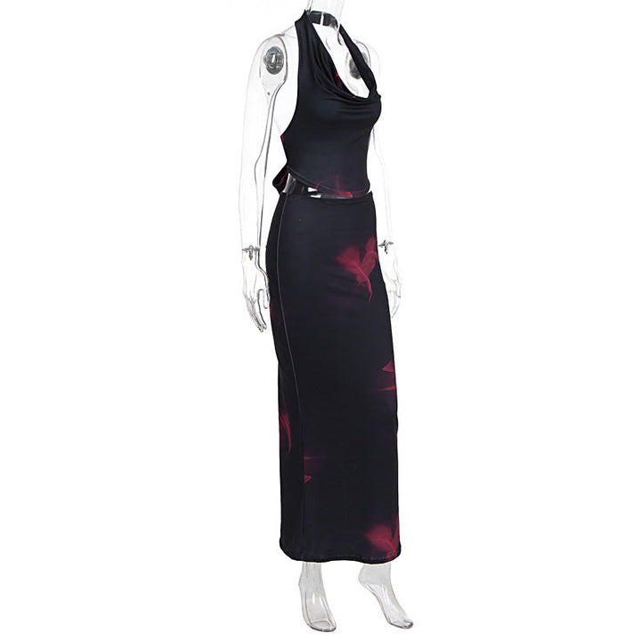 Halter cowl neck self tie print maxi skirt set