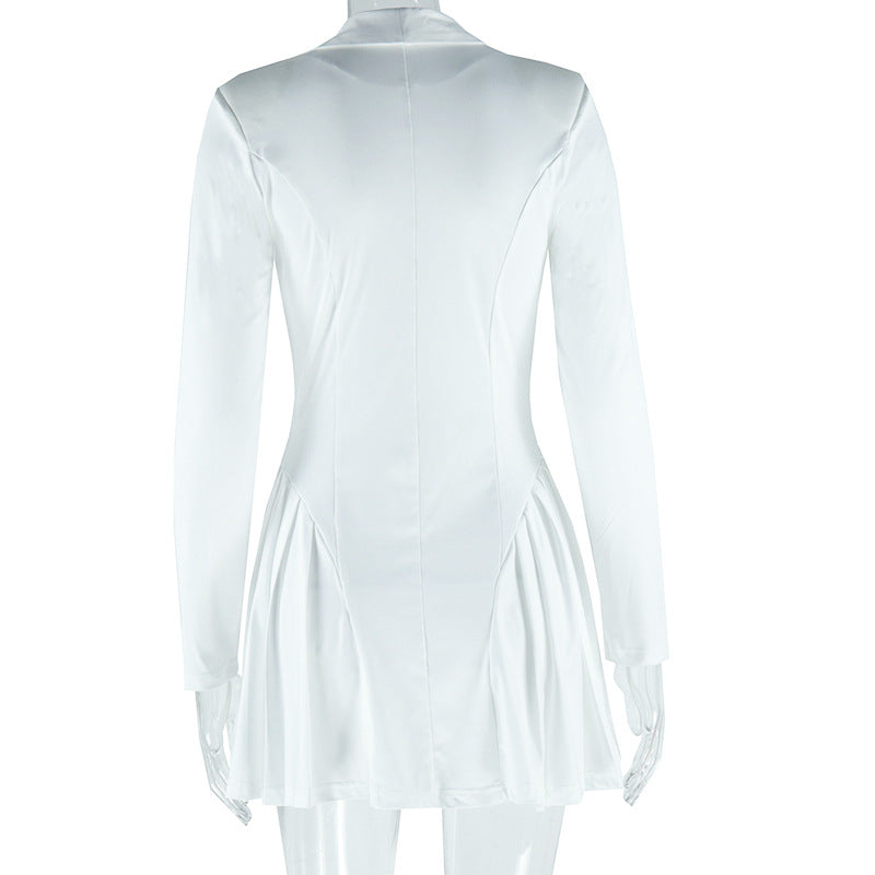 Long sleeve v neck pleated button padded mini dress