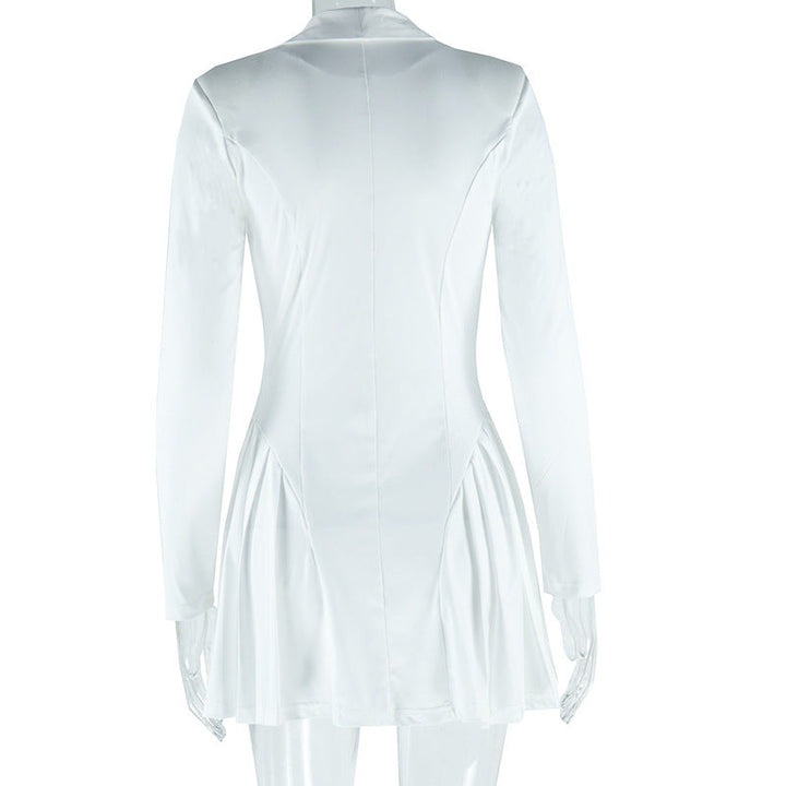 Long sleeve v neck pleated button padded mini dress