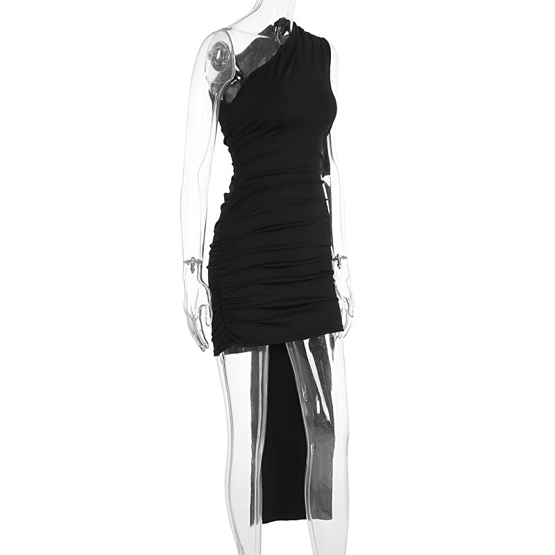 Irregular one shoulder ruched solid mini dress