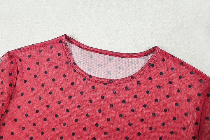 Polka dot long flared sleeve ruched sheer mesh maxi dress