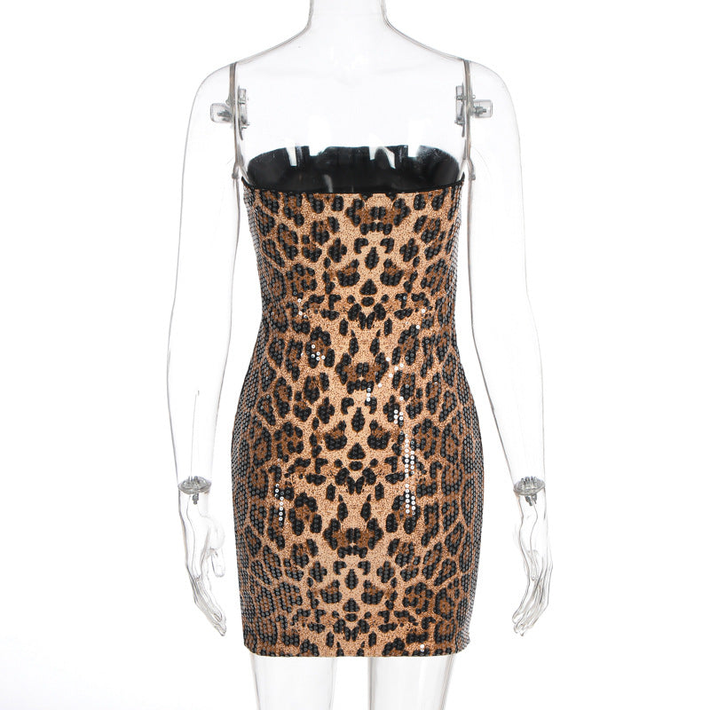 Leopard print glitter backless tube mini dress  | Leopard Print Mini Dress
