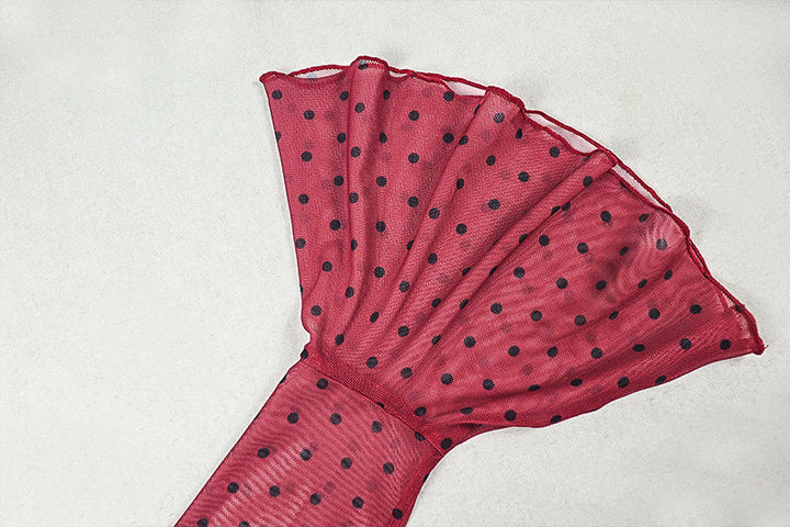 Polka dot long flared sleeve ruched sheer mesh maxi dress