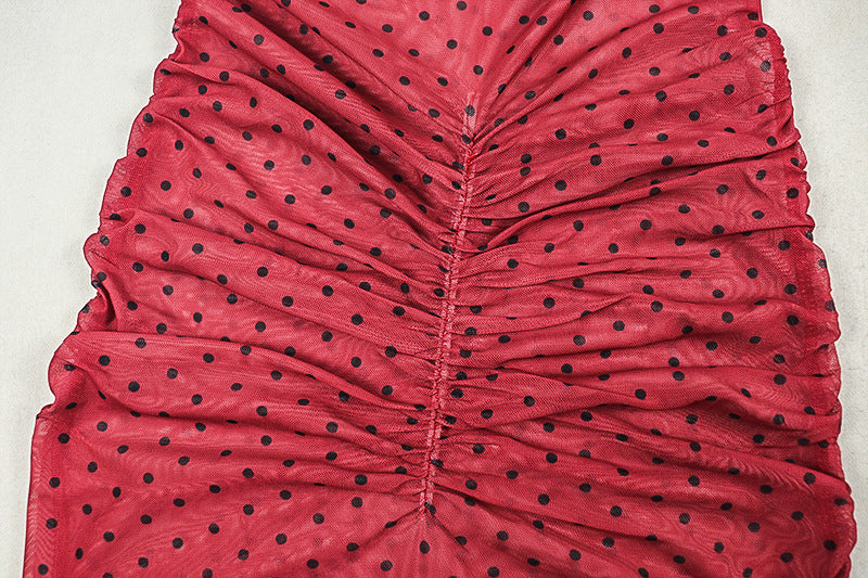 Polka dot long flared sleeve ruched sheer mesh maxi dress