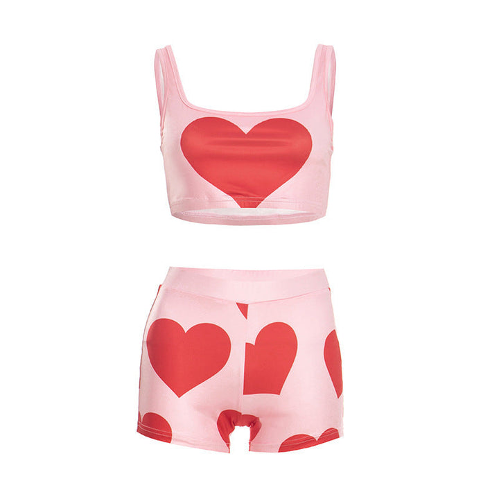 Square neck heart print backless tank pant set