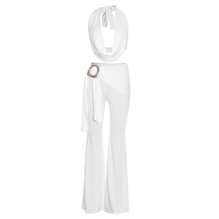 Self tie halter cowl neck irregular ruched pant set