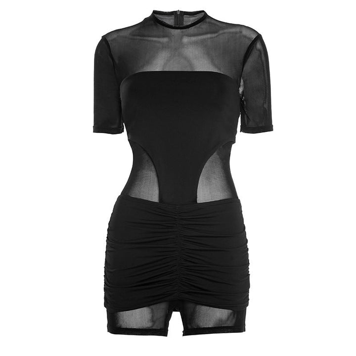 Ruched mesh crewneck short sleeve zip-up romper