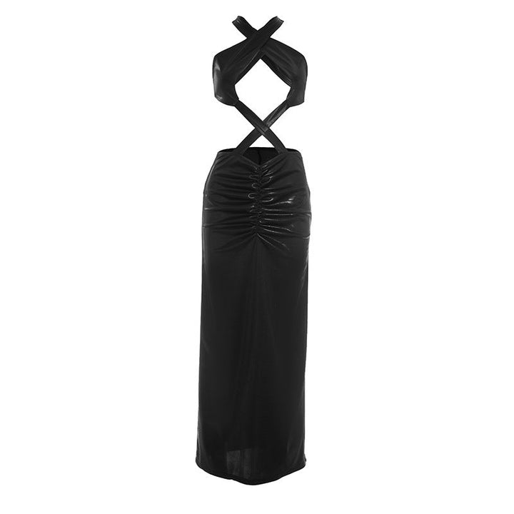 Hollow out ruched cross back backless maxi dress