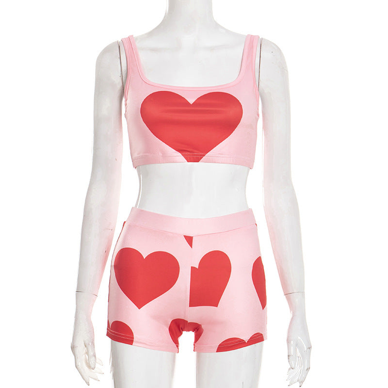 Square neck heart print backless tank pant set