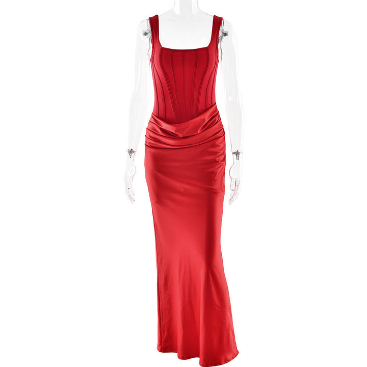 Ruched square neck backless satin cami maxi dress