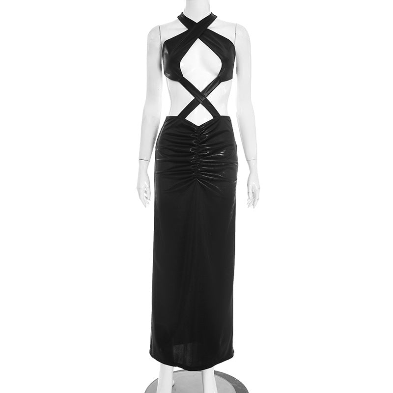 Hollow out ruched cross back backless maxi dress
