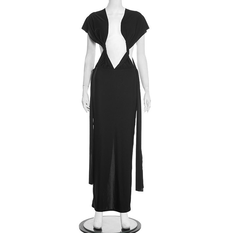 Ruched hollow out slit solid maxi dress
