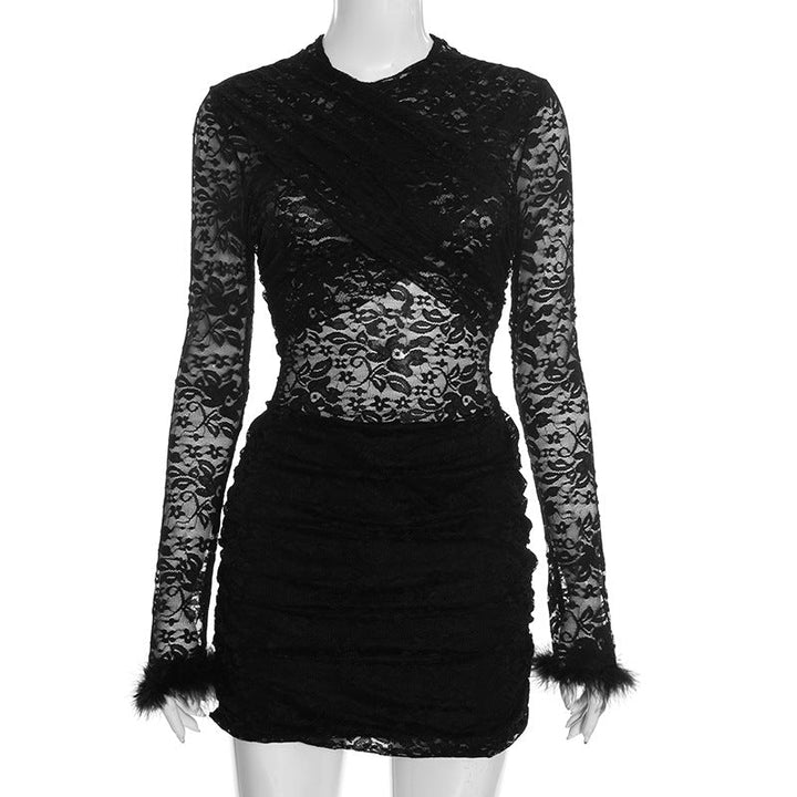 Long sleeve fluffy crewneck lace ruched mini dress