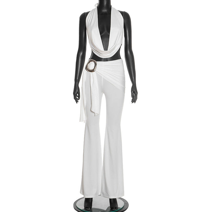 Self tie halter cowl neck irregular ruched pant set