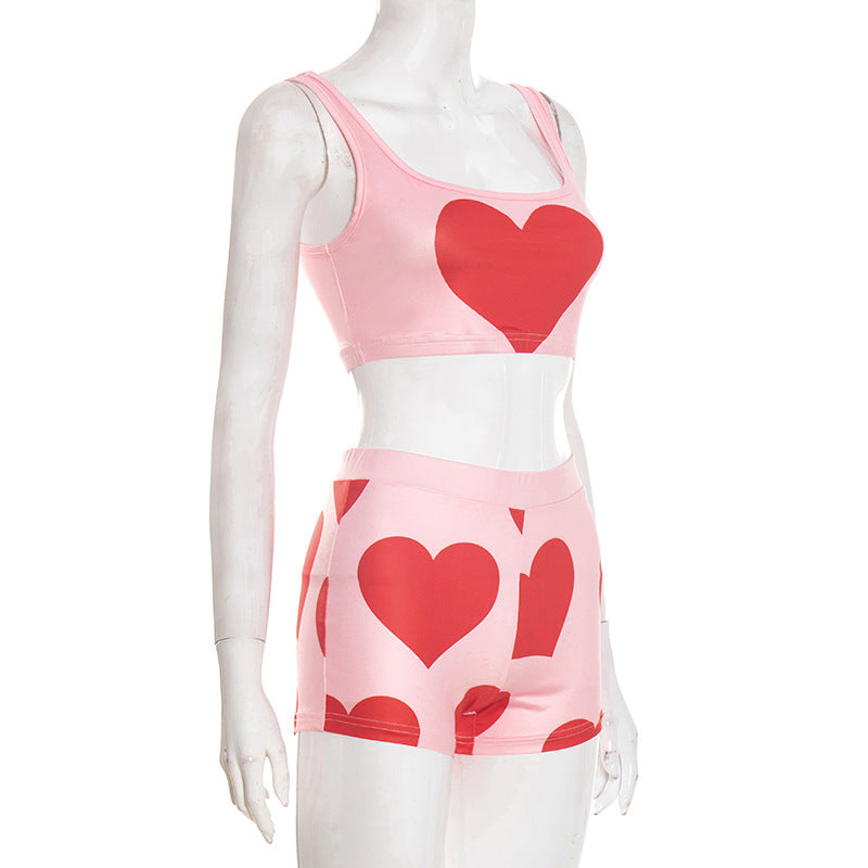 Square neck heart print backless tank pant set