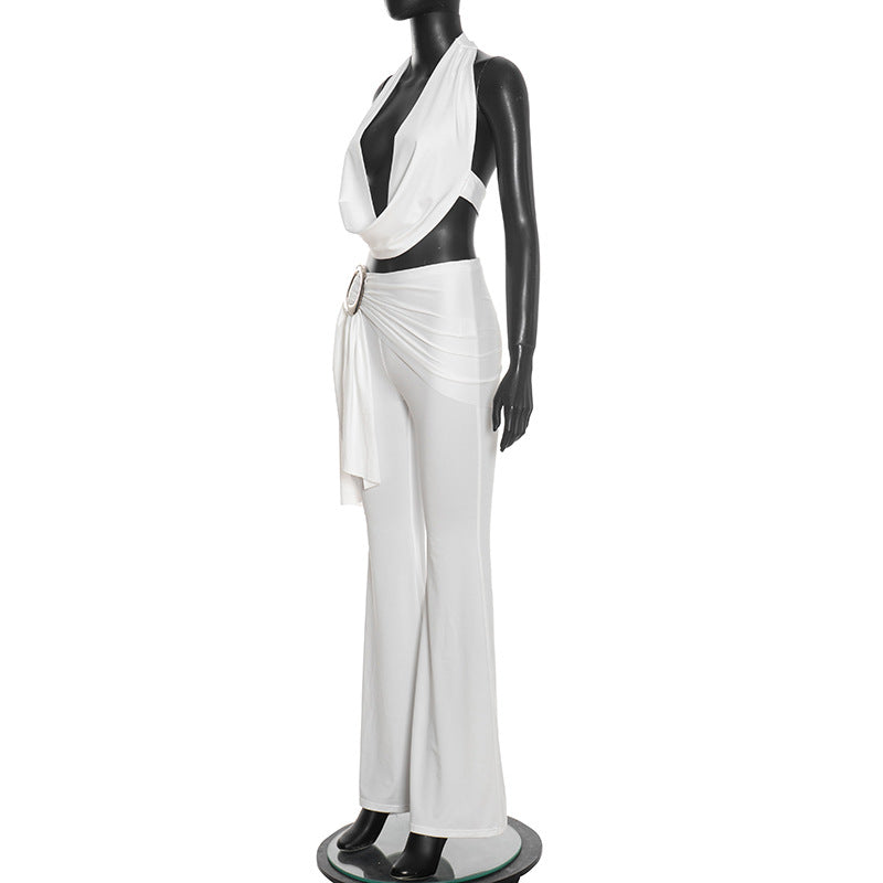 Self tie halter cowl neck irregular ruched pant set