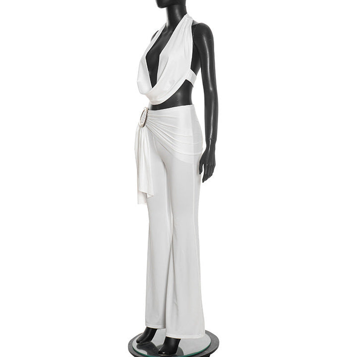 Self tie halter cowl neck irregular ruched pant set