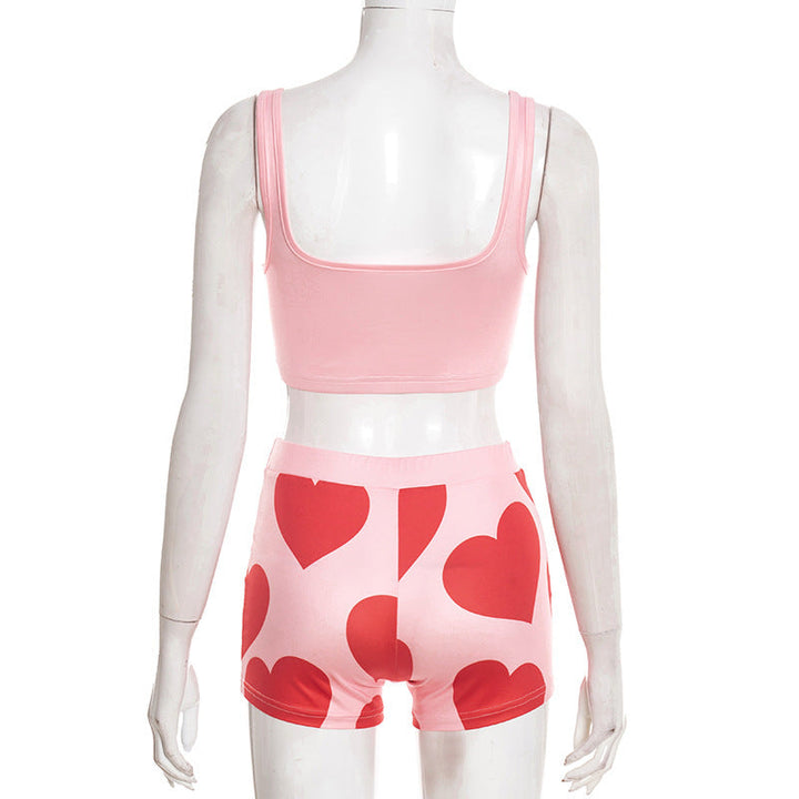 Square neck heart print backless tank pant set