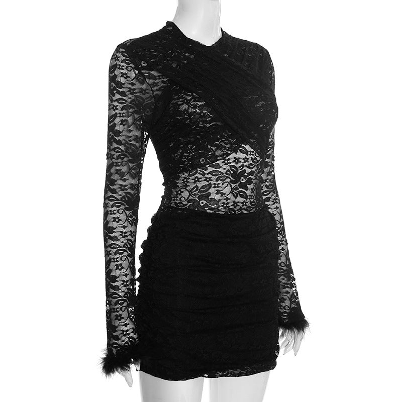 Long sleeve fluffy crewneck lace ruched mini dress