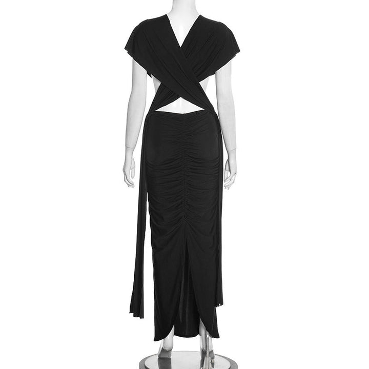 Ruched hollow out slit solid maxi dress