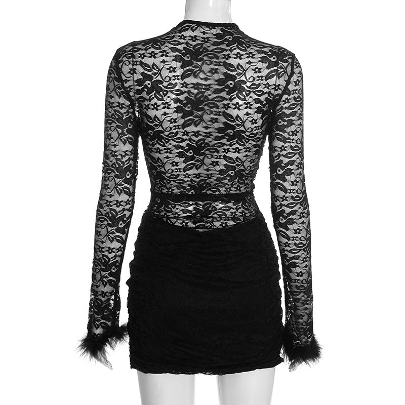 Long sleeve fluffy crewneck lace ruched mini dress