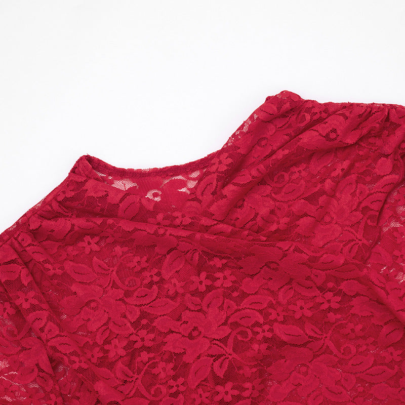 Long sleeve fluffy crewneck lace ruched mini dress