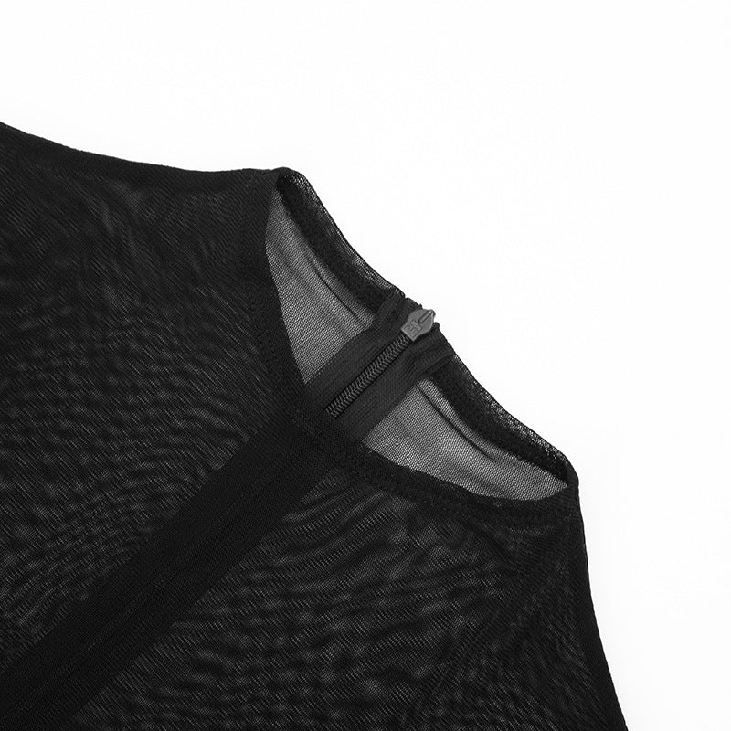 Ruched mesh crewneck short sleeve zip-up romper