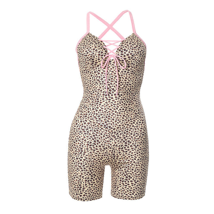 Leopard print cross back self tie backless romper