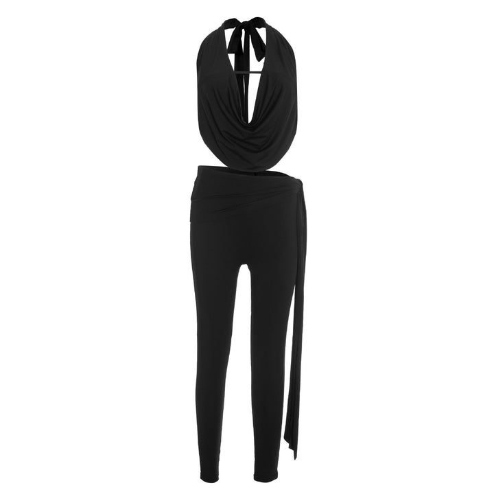 Self tie halter cowl neck irregular low rise pant set