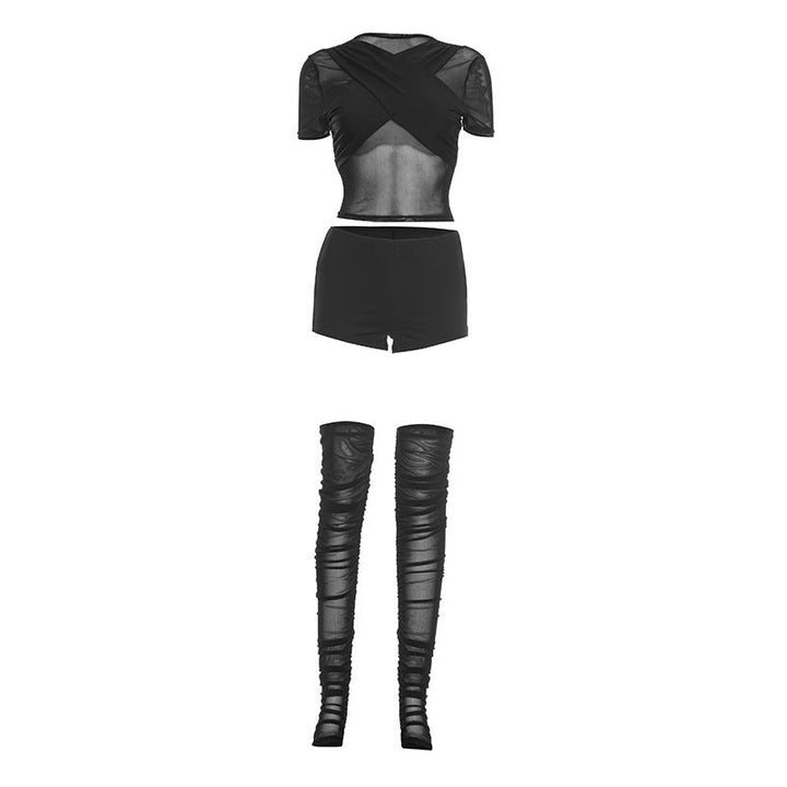 Short sleeve crewneck mesh ruched pant set