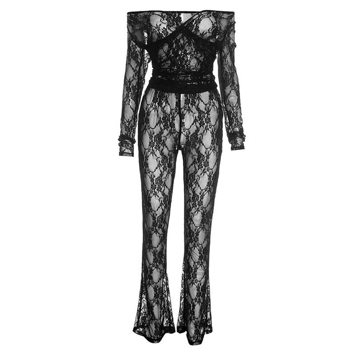 Off shoulder long sleeve lace see through pant set