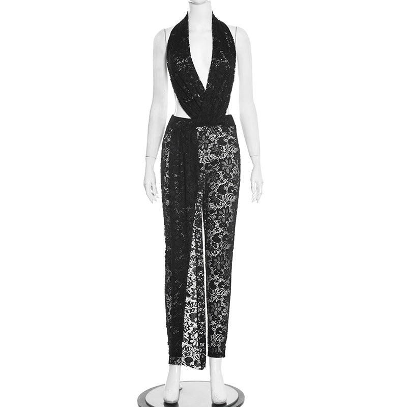Halter deep V neck lace see through irregular jumpsuit