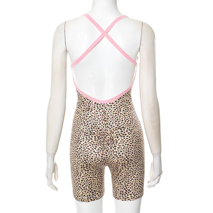 Leopard print cross back self tie backless romper