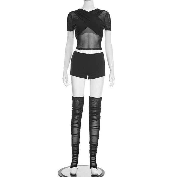 Short sleeve crewneck mesh ruched pant set