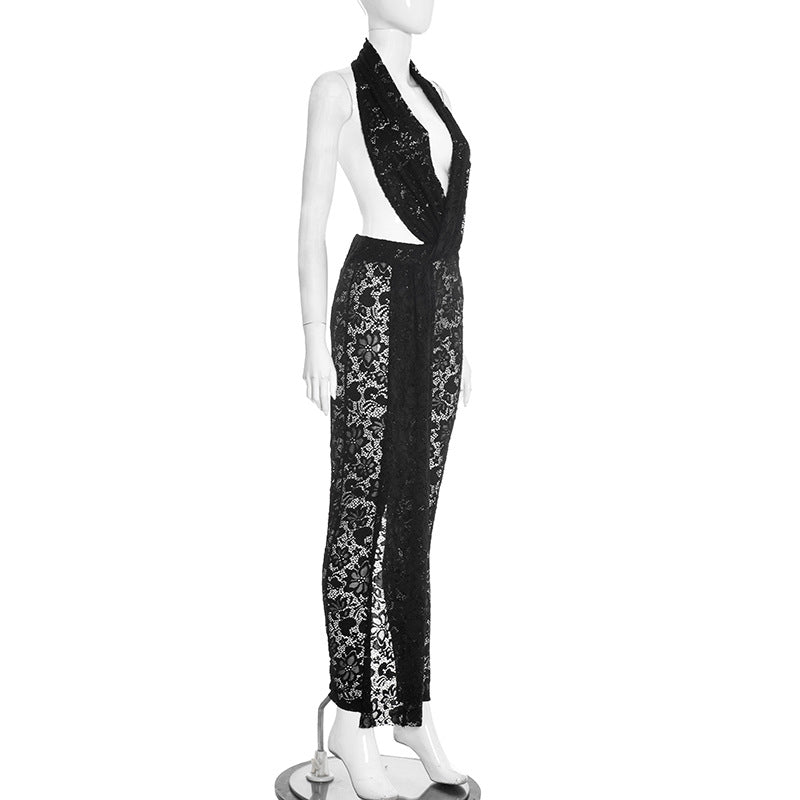 Halter deep V neck lace see through irregular jumpsuit