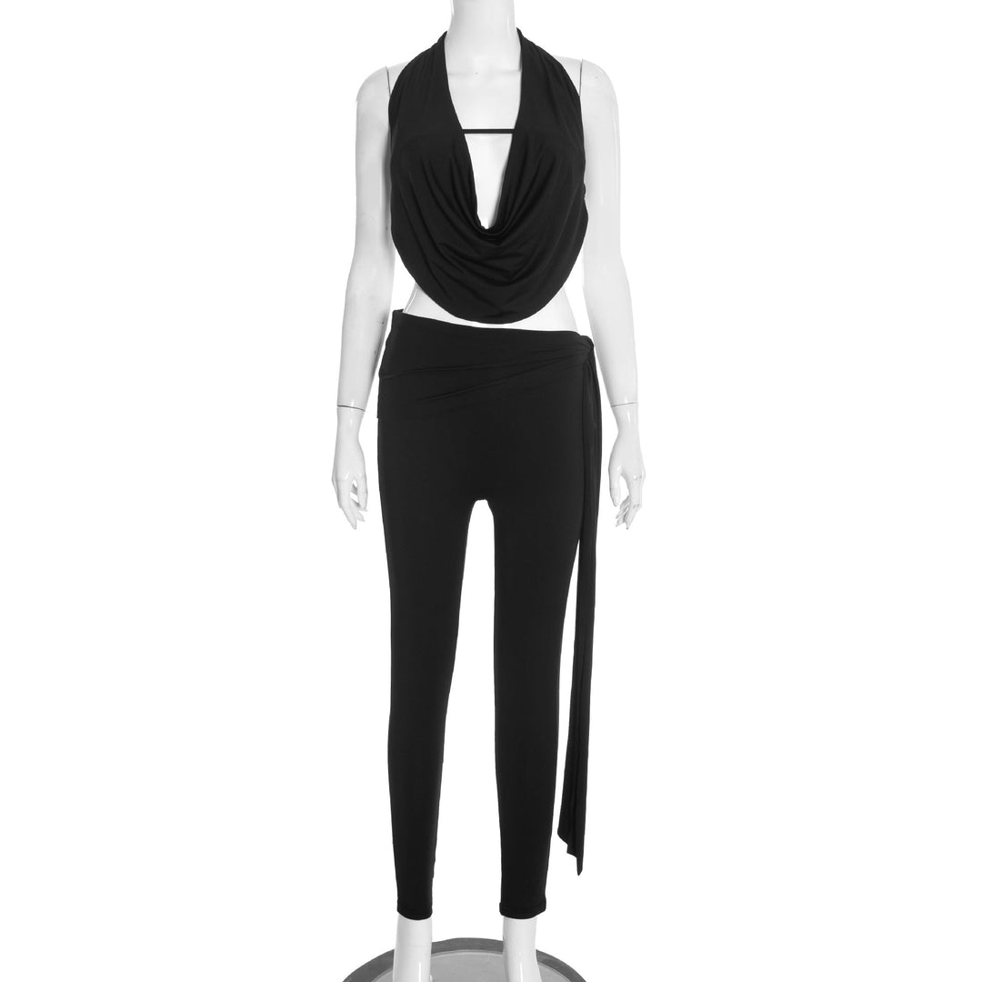 Self tie halter cowl neck irregular low rise pant set
