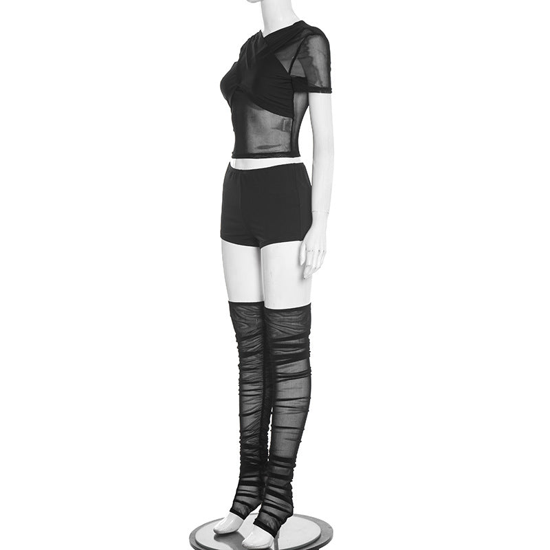 Short sleeve crewneck mesh ruched pant set