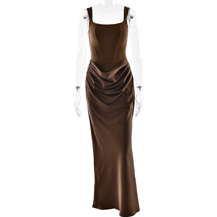 Ruched u neck backless solid cami maxi dress