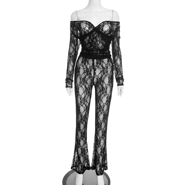 Off shoulder long sleeve lace see through pant set