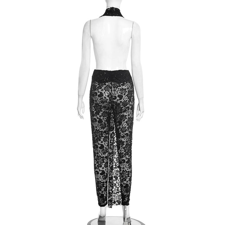 Halter deep V neck lace see through irregular jumpsuit