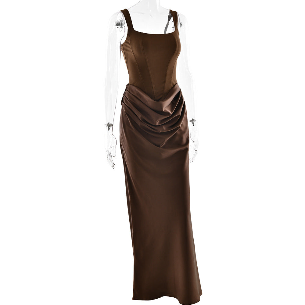 Ruched u neck backless solid cami maxi dress