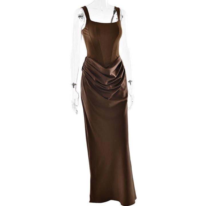 Ruched u neck backless solid cami maxi dress