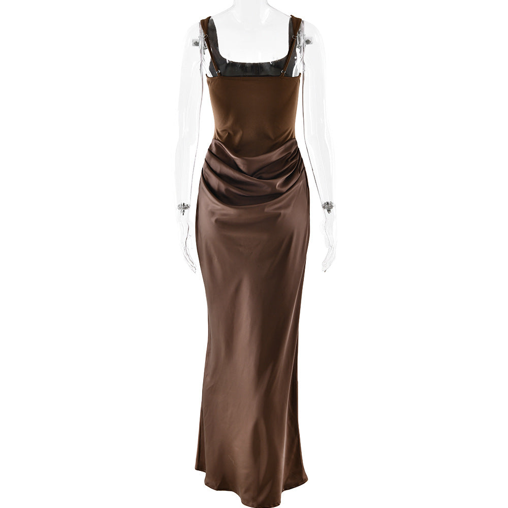 Ruched u neck backless solid cami maxi dress