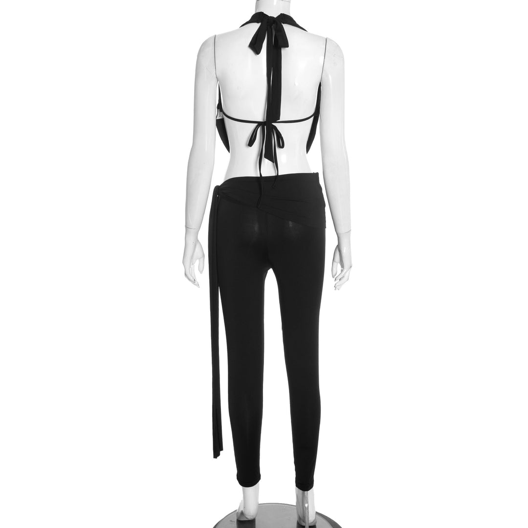 Self tie halter cowl neck irregular low rise pant set